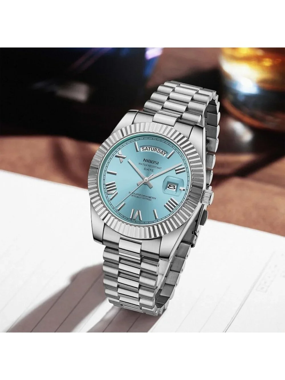 Nibosi Men's Silver Mint Blue Analog Quartz Stainless Waterproof Desiger Watch
